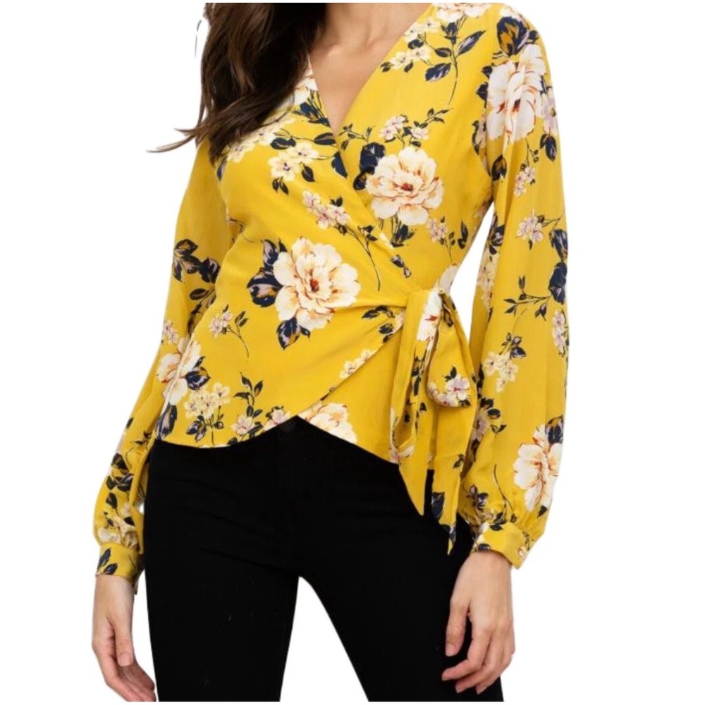 Yumi Kim Yellow Silk Blend Floral Wrap Blouse V-Neck Top Large Romantic Feminine
